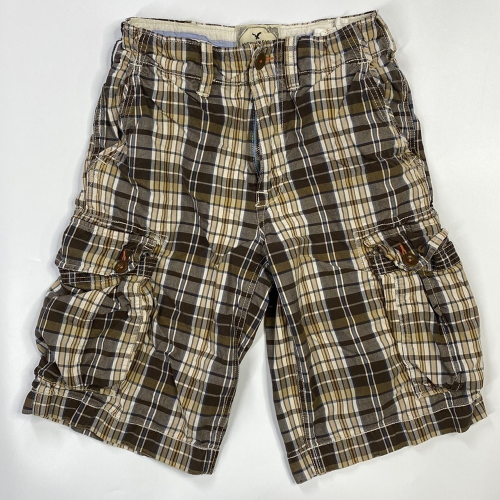 American Eagle Brown White Plaid Longer Length Cargo Shorts Size 26